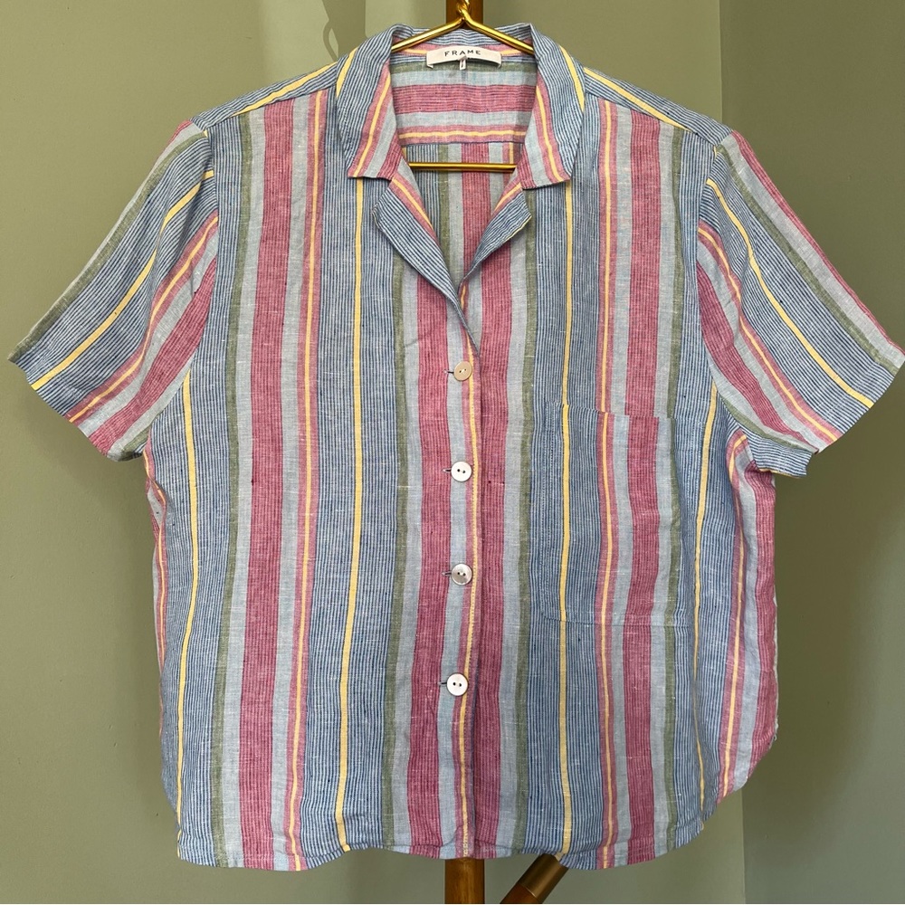 Frame Striped Linen Camp Shirt